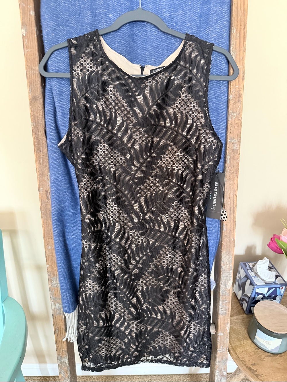 Sharagano Black Lace Overlay Mini Dress
